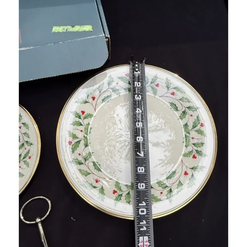 Lenox Holiday Two Tier Tidbit Dessert Stand Holly Pattern Complete Set In Box